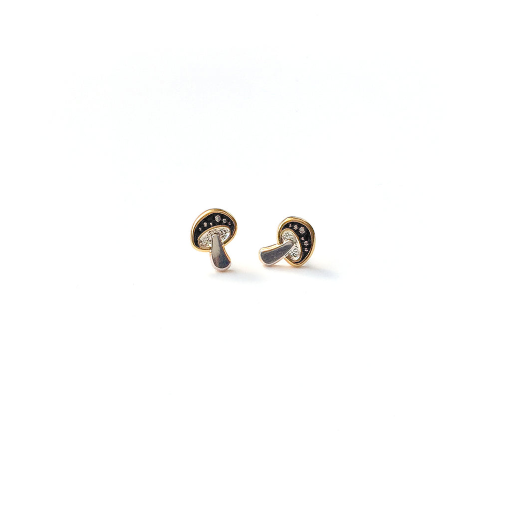 Amanita enamel mushroom earring studs in black.