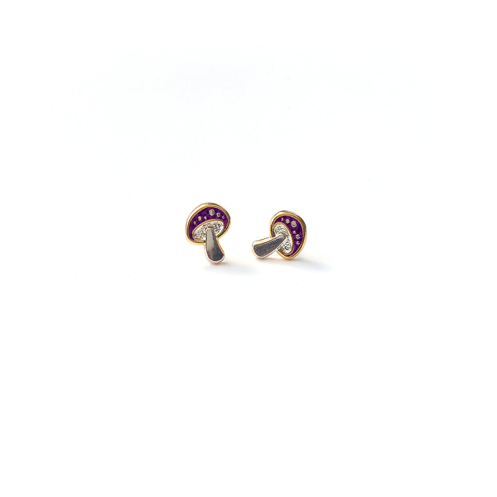 Amanita enamel mushroom earring studs in violet.