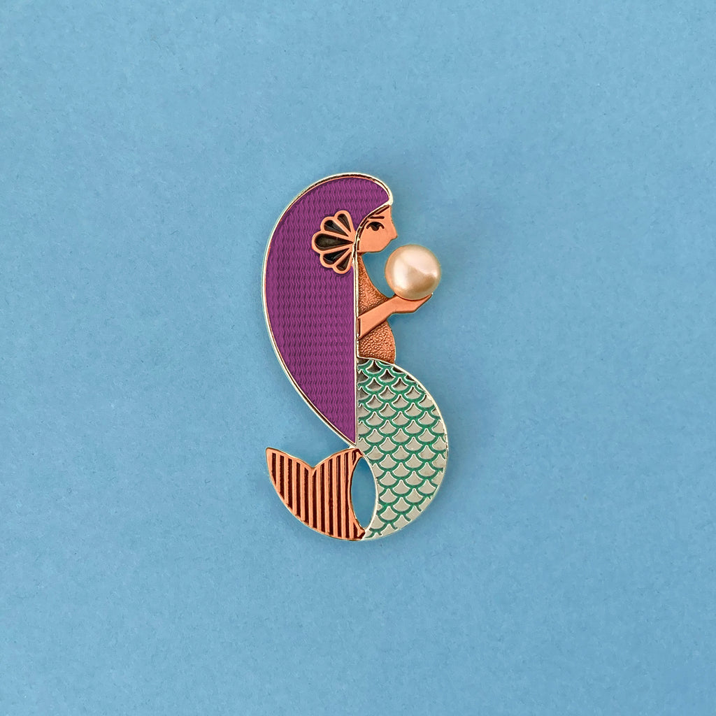 Amathea enamel mermaid pin in lilac with freshwater pearl.