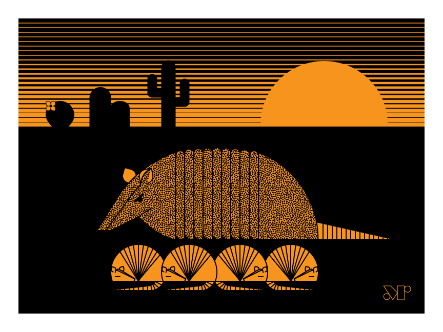Karmadillo screen print in orange and black of a nine banded armadillo with pups and saguaro cactus during a desert sunset.
