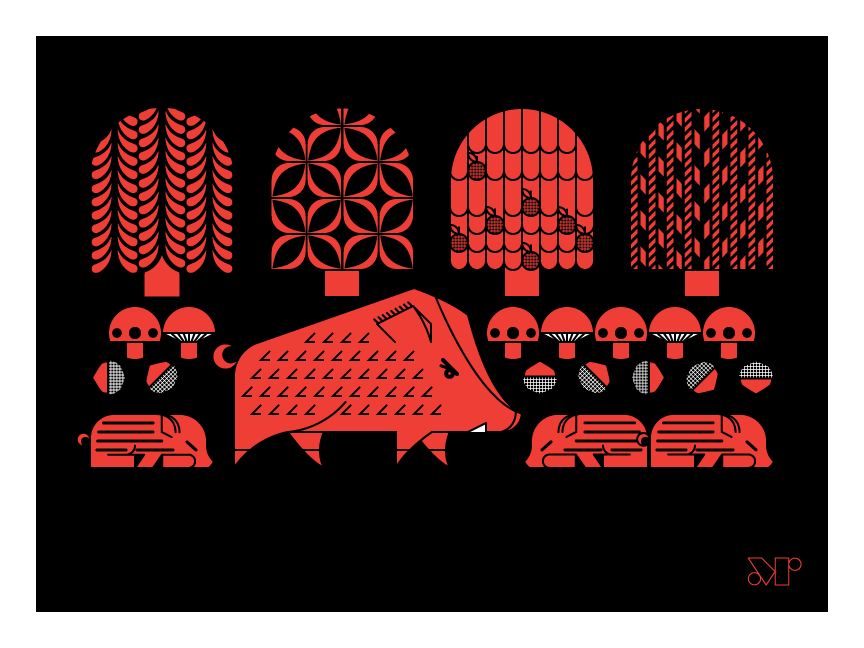 Boardwalk screen print in black and red, with boar, piglets, acorns, mushrooms and trees.