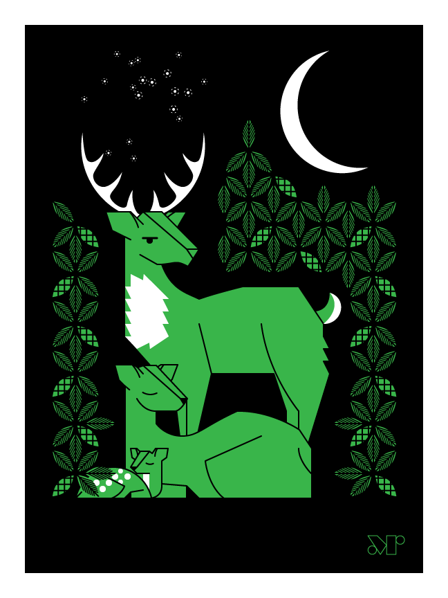 Near & Deer screen print in green and black. Shows a buck watching over a doe and fawn under stars and a crescent moon.