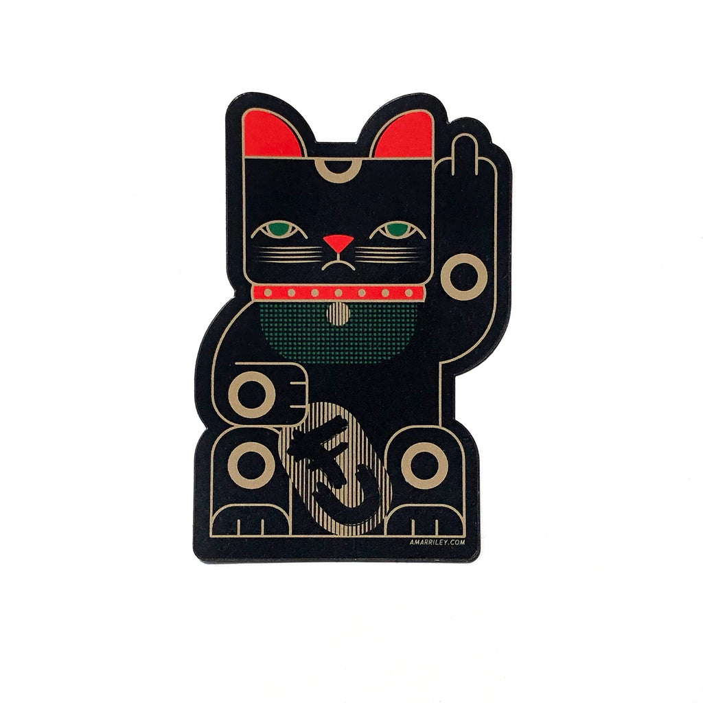 Goodbye Kitty meneki neko vinyl laminated magnet in black, gold and red.