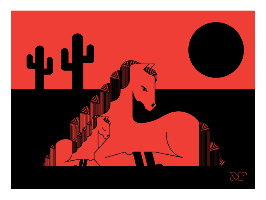 Foal Moon screen print. Depicts a horse and foal enjoying a desert sunset behind saguaro cactus.