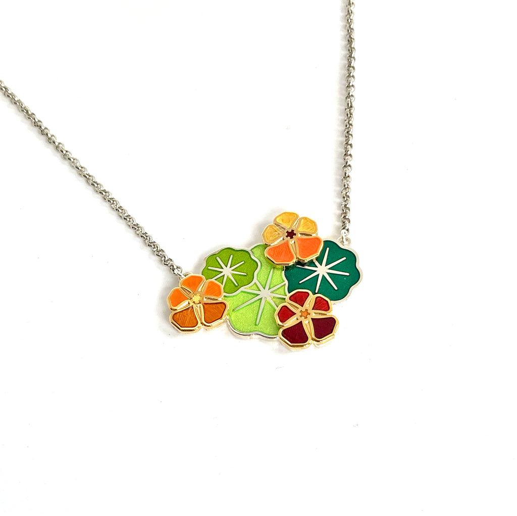 Nasturtium necklace with relief flowers finished in 24k gold and sterling silver with red, orange, yellow and green enamel.