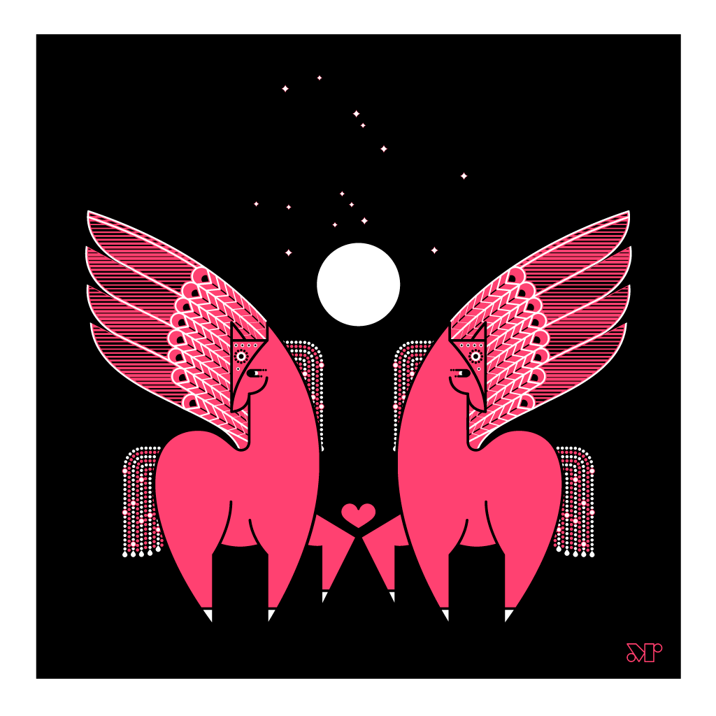 I Love You Peggy Sues screen print in black, pink and white. Shows two pegasuses supporting a heart between them.
