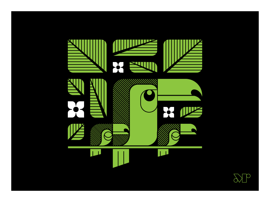 One Can, Toucan, Three Can screen print in green and black. Shows a toucan and her fledglings perched among jungle leaves.
