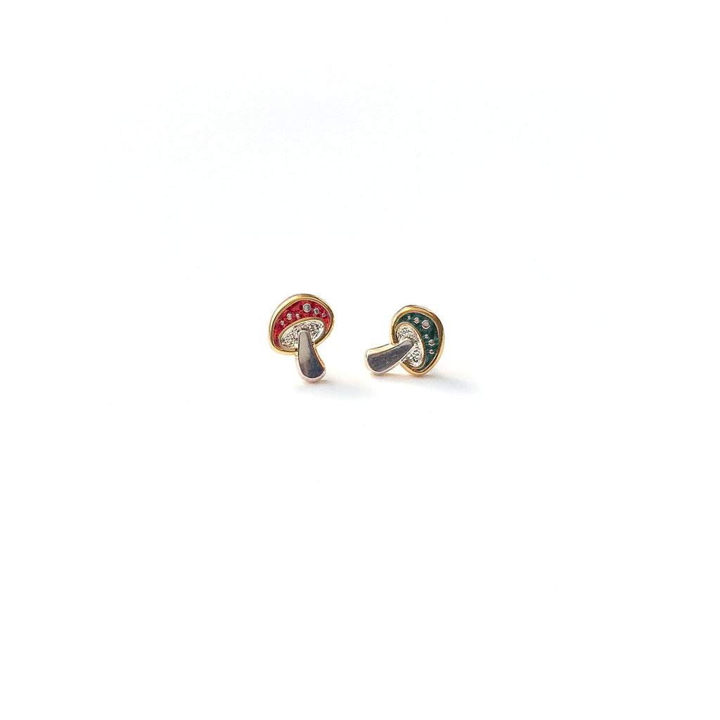Amanita enamel mushroom mixed color earring studs in red and emerald.