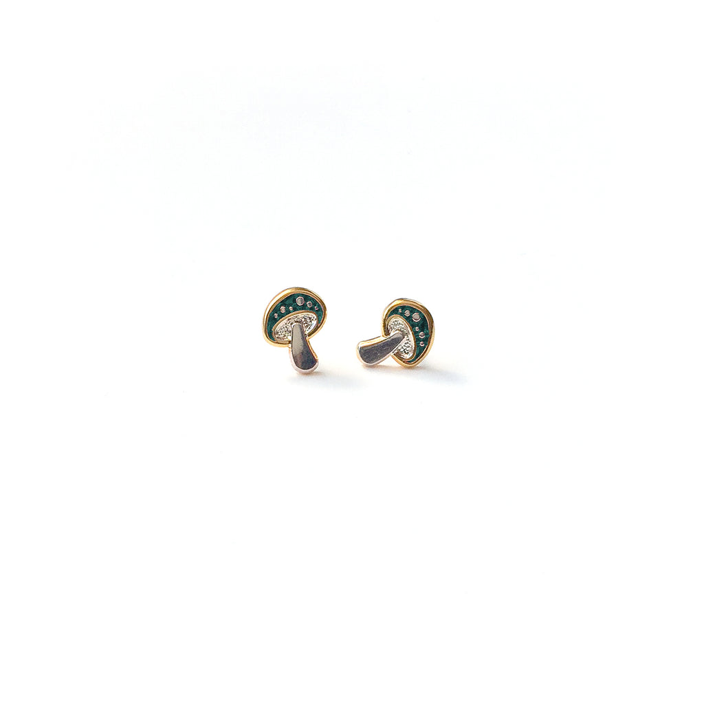 Amanita enamel mushroom earring studs in emerald.