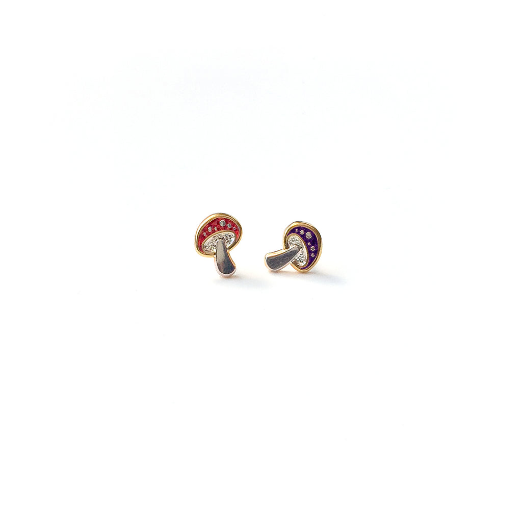 Amanita enamel mushroom mixed color earring studs in red and violet.