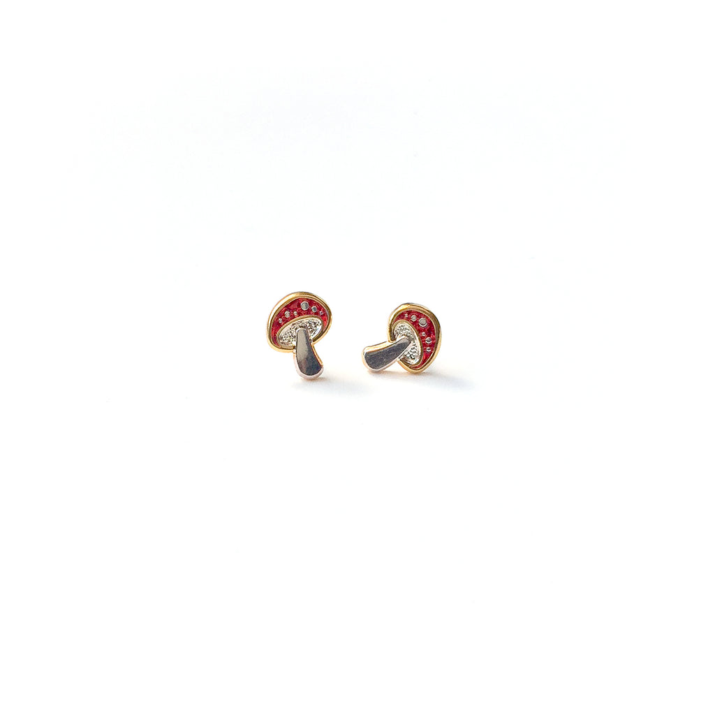 Amanita enamel mushroom earring studs in red.