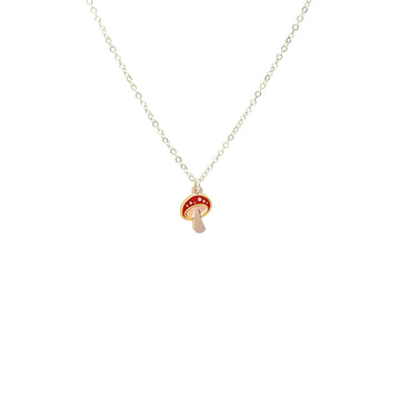 Amanita enamel mushroom necklace in red with silver chain.