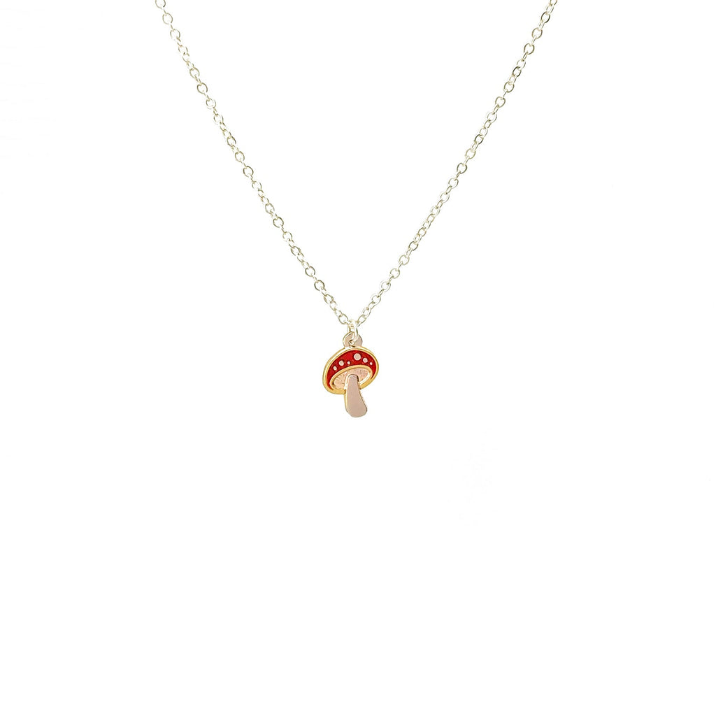 Amanita enamel mushroom necklace in red with silver chain.