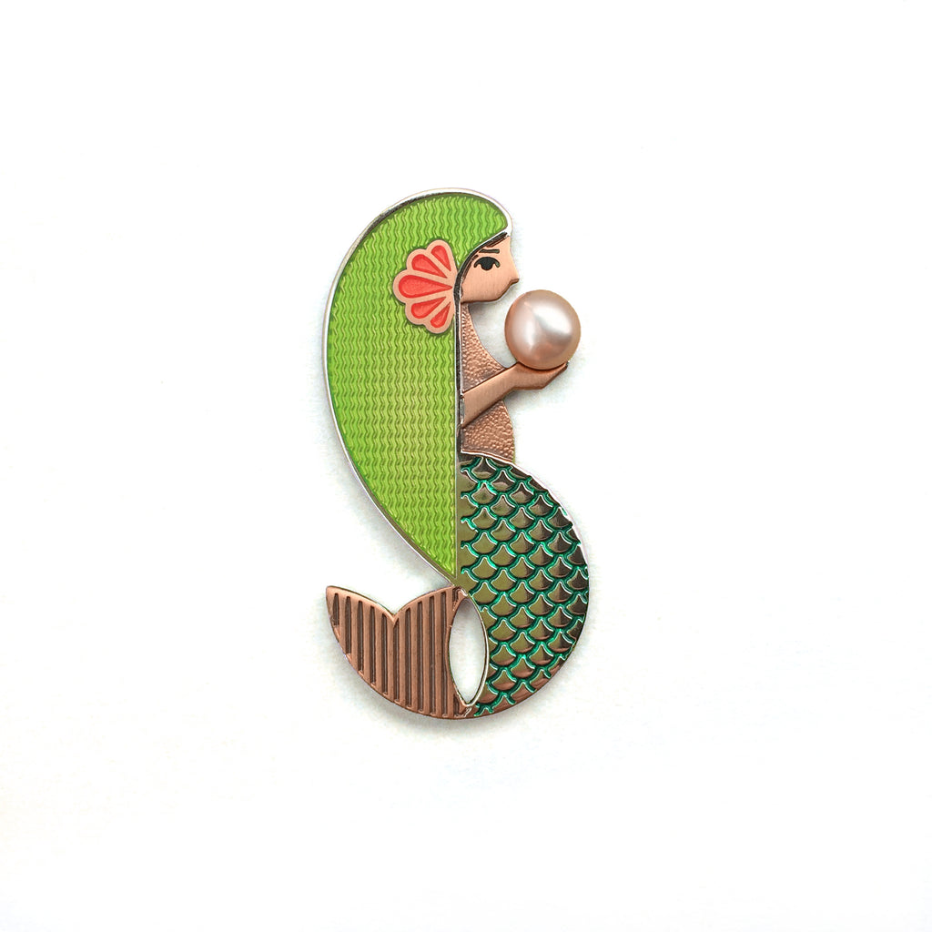 Amathea enamel mermaid pin in kelp green with freshwater pearl.