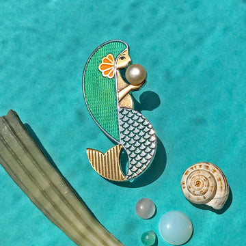 Amathea enamel mermaid pin in aqua seconds with freshwater pearl.