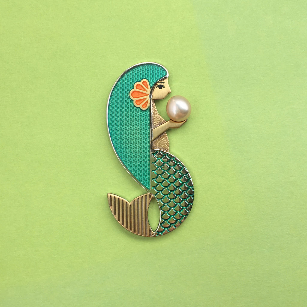 Amathea enamel mermaid pin in aqua with freshwater pearl.