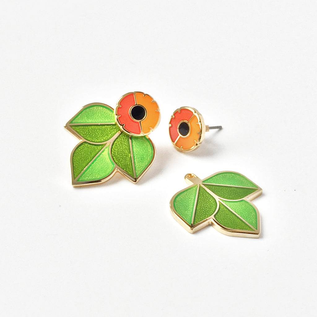 Anenome enamel orange and red flower studs with two tone green leaf jacket earrings in gold settings seconds.