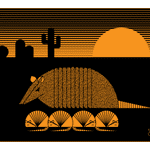 Karmadillo screen print in orange and black of a nine banded armadillo with pups and saguaro cactus during a desert sunset.