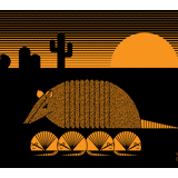Karmadillo screen print in orange and black of a nine banded armadillo with pups and saguaro cactus during a desert sunset.