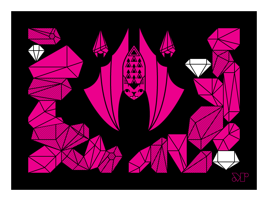 Baton Rouge bat screen print in fuschia and black with three bats hanging in their crystal cave.