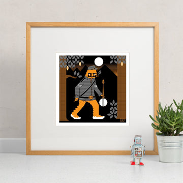 Big Foot Soldier screen print framed and hung, shows a sasquatch or yeti as a 19th century soldier with banjo and pipe.