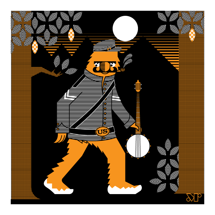 Big Foot Soldier screen print in orange and black, shows a sasquatch or yeti as a 19th century soldier with banjo and pipe.