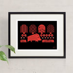 Boardwalk screen print in black and red, with boar, piglets, acorns, mushrooms and trees. Framed and hung on the wall.