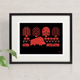 Boardwalk screen print in black and red, with boar, piglets, acorns, mushrooms and trees. Framed and hung on the wall.