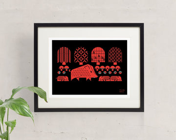 Boardwalk screen print in black and red, with boar, piglets, acorns, mushrooms and trees. Framed and hung on the wall.
