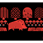 Boardwalk screen print in black and red, with boar, piglets, acorns, mushrooms and trees.