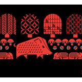 Boardwalk screen print in black and red, with boar, piglets, acorns, mushrooms and trees.