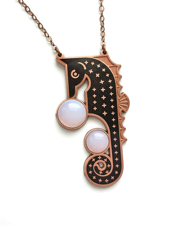 Calypso enamel seahorse necklace in copper and black with sea opal bubble cabochons.