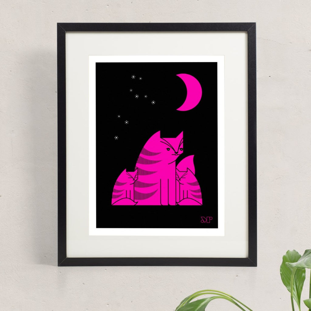 Mewnlight screen print in fuchsia and black depicts a cat with two kittens under a crescent moon.