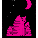 Mewnlight screen print in fuchsia and black depicts a cat with two kittens under a crescent moon.