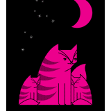 Mewnlight screen print in fuchsia and black depicts a cat with two kittens under a crescent moon.