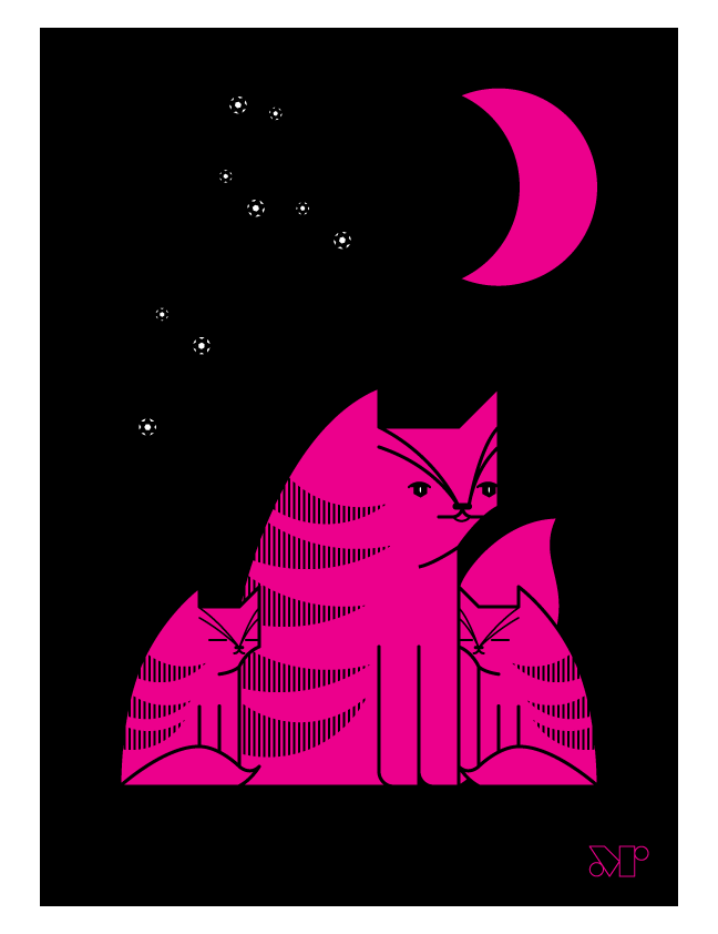 Mewnlight screen print in fuchsia and black depicts a cat with two kittens under a crescent moon.