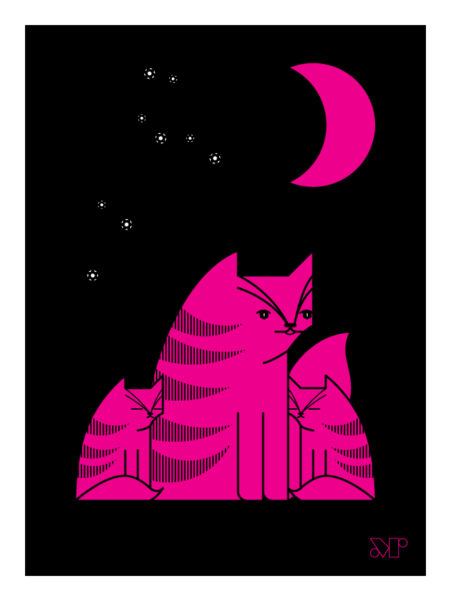 Mewnlight screen print in fuchsia and black depicts a cat with two kittens under a crescent moon.