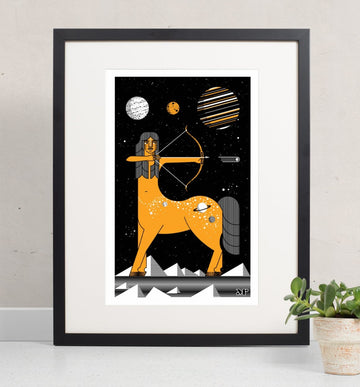 Centaur of the Universe screen print in orange and black shows a centaur archer under a night sky with planets.