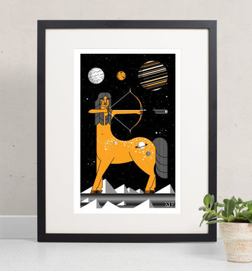 Centaur of the Universe screen print in orange and black shows a centaur archer under a night sky with planets.