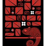 Chamelot screen print in red and black shows stylized chameleons resting in a tree among leaves and birds.