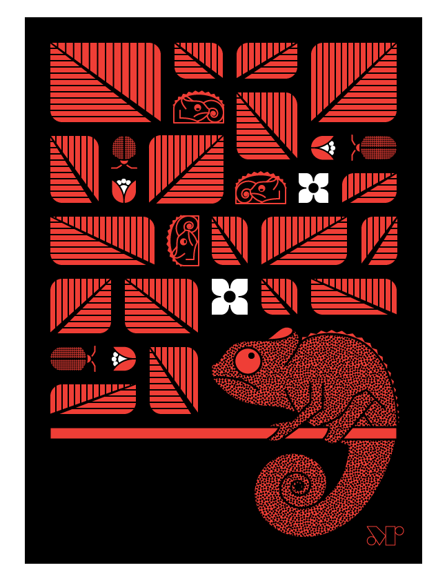Chamelot screen print in red and black shows stylized chameleons resting in a tree among leaves and birds.