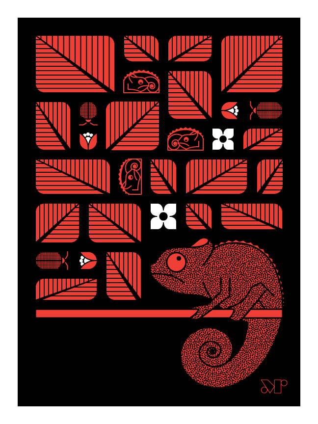 Chamelot screen print in red and black shows stylized chameleons resting in a tree among leaves and birds.