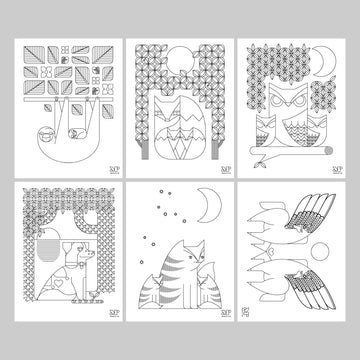 Black and white coloring pages of a sloth, fox, owl, dog, cat and pegasus.