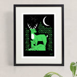Near & Deer screen print in green and black. Shows a buck watching over a doe and fawn under stars and a crescent moon.