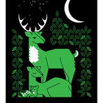 Near & Deer screen print in green and black. Shows a buck watching over a doe and fawn under stars and a crescent moon.