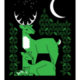 Near & Deer screen print in green and black. Shows a buck watching over a doe and fawn under stars and a crescent moon.