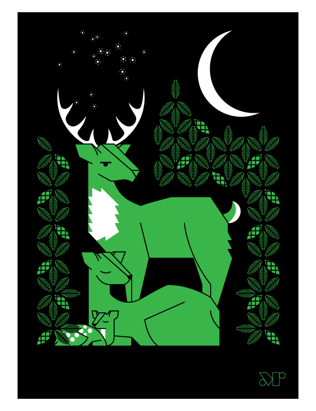 Near & Deer screen print in green and black. Shows a buck watching over a doe and fawn under stars and a crescent moon.