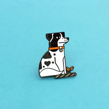 Eddy Dog pin seconds set in black with orange and black enamel. A border collie with heart shaped spot and favorite stick.