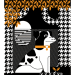 Eddy screen print in orange and black depicts a dog with heart shaped spot and favorite stick enjoying a sunset.