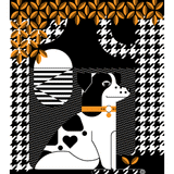 Eddy screen print in orange and black depicts a dog with heart shaped spot and favorite stick enjoying a sunset.
